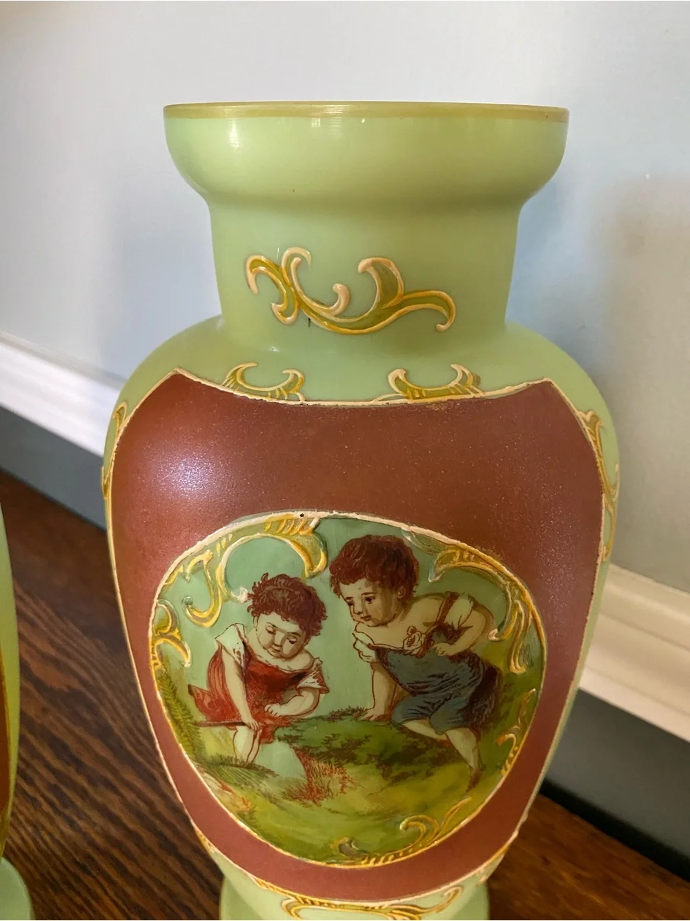 Early 20th Century French Mint Green Art Glass Vases Hand Painted Raised Gilt